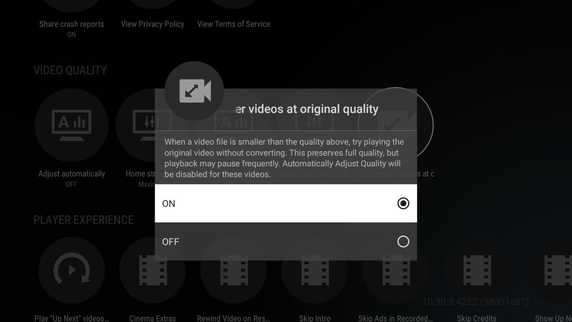 Play smaller videos at original quality: ON